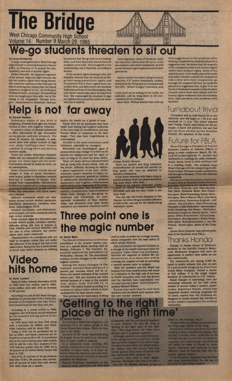 The Bridge (WCCHS) 1985 03 29 [08], V 14, No 9 [8] Front Page Misprint